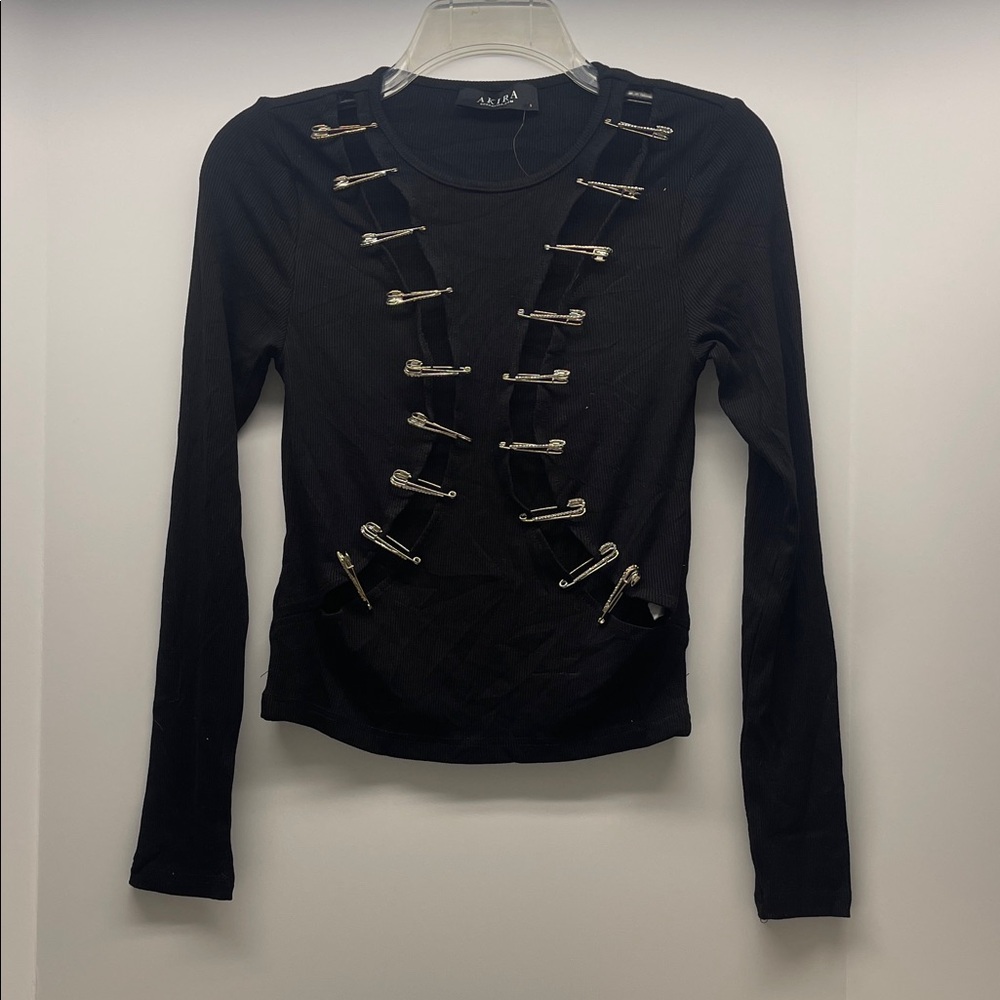 AKIRA Black Long Sleeve Top with Pin Accents